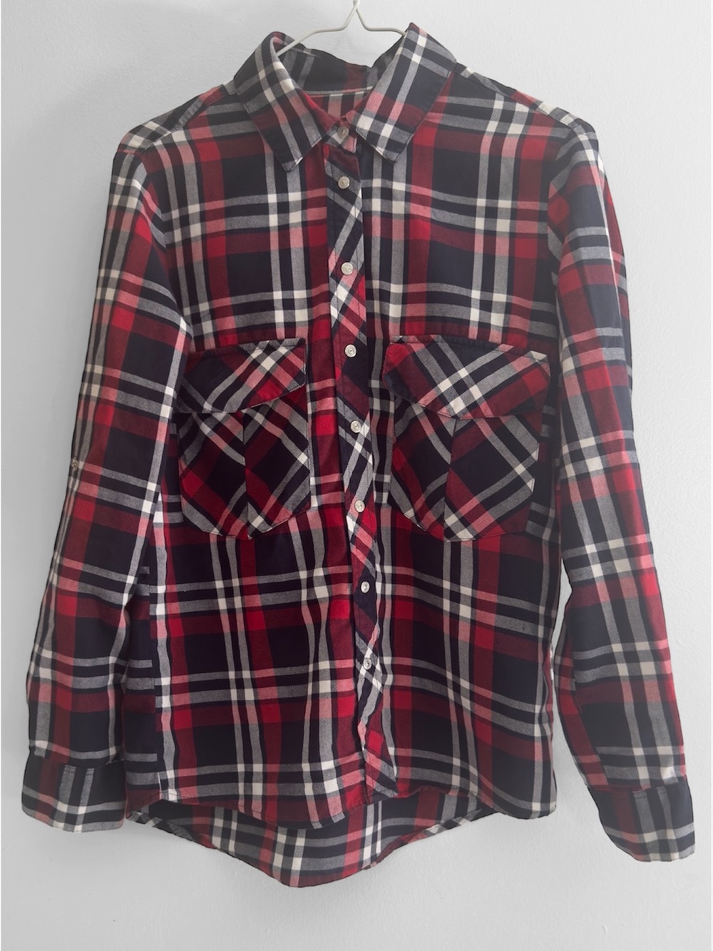 Zara Woman Premium Denim Red Black Plaid Flannel Button Down Shirt Size Small
